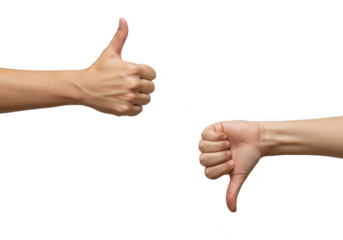 Thumbs up and thumbs down gestures isolated on transparent background