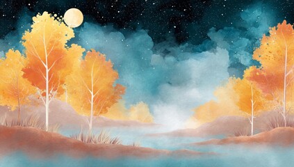 A serene and idyllic landscape painting shows a colorful sky reflected in peaceful water, surrounded by trees with autumn foliage and mountains in the background