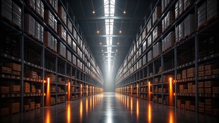 Warehouse interior with metal shelves filled with boxes and light shining through the roof