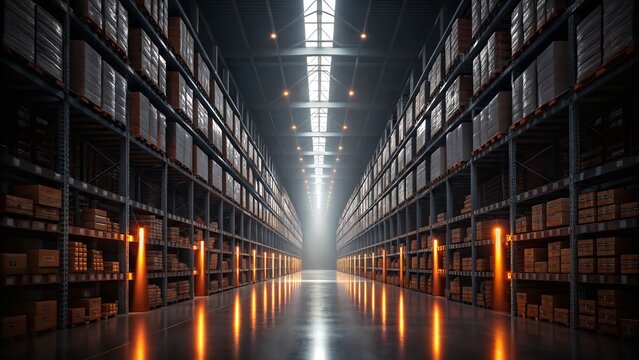 Warehouse interior with metal shelves filled with boxes and light shining through the roof