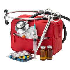 Medical kit with stethoscope, syringe, pills, vials transparent background