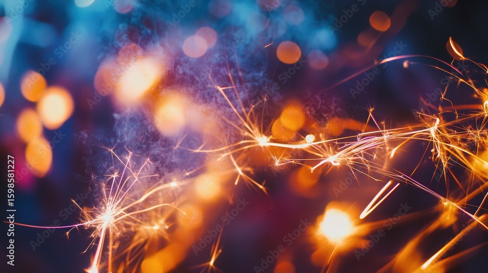 Poster sparkling fireworks display against a blurred background of lights.