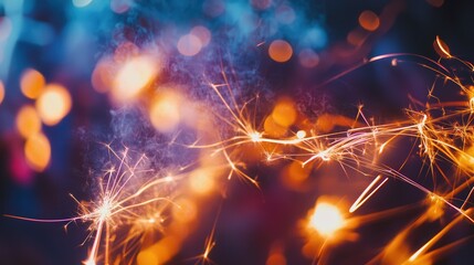Sparkling fireworks display against a blurred background of lights.