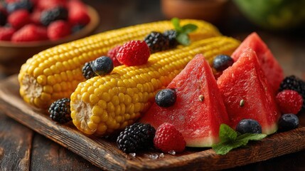 A wooden platter displays fresh corn on the cob surrounded by colorful slices of watermelon, blackberries, raspberries, and blueberries, perfect for a summer picnic.