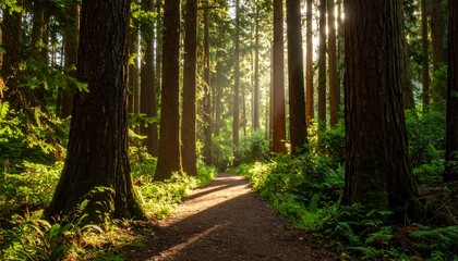 Fototapeta premium Sunlight streams through ancient forest path