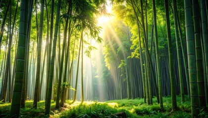 Sunlight streams through dense bamboo forest (1)