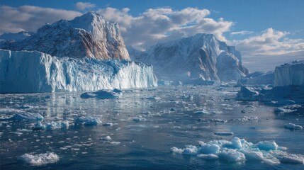 Vast icebergs and towering glaciers dominate the landscape in the Arctic, surrounded by calm waters. The clear sky enhances the stunning beauty of the icy surroundings during midday.