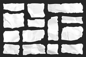 Ripped paper strips. Realistic crumpled paper scraps with torn edges. Shreds of notebook, book or old newspaper pages. Trendy collage elements. Vector illustration