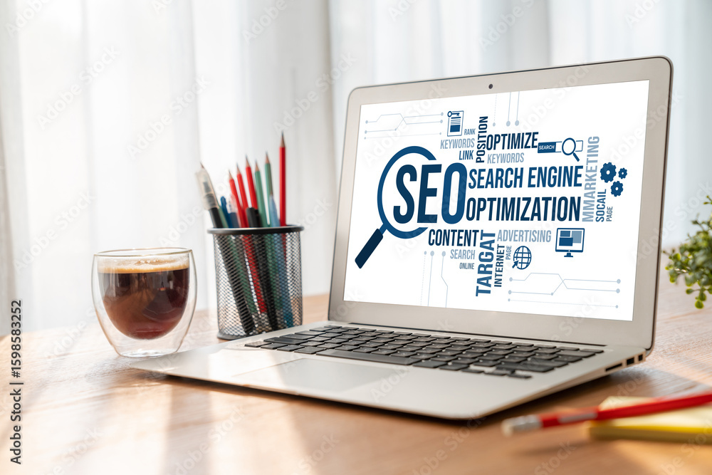 Poster seo search engine optimization for modish e-commerce and online retail business showing on computer 