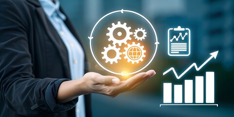 Businesswoman Presents Digital Gears and Charts Representing Automation Workflow and Process Optimization for Increased Efficiency