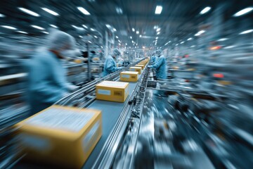 Packaged food products move along conveyor inside sterile industrial inspection facility