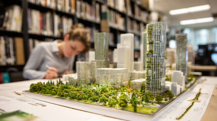 A model of an urban development project, with tiny skyscrapers and green spaces on the ground. In front, someone examines it intently. 