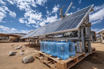 Solar-powered desalination system converts saltwater in desert under clean sky