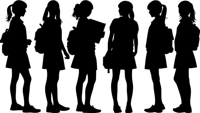 Eight young female silhouettes in profile, shown wearing school uniforms with short skirts and varied hairstyles. The image is stylized and simple, each girl posed differently—some with books, bags, o