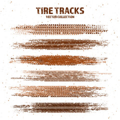 Grunge tire tracks with mud splatters, dirty wheel braking marks. Truck, car, or motorcycle tread pattern silhouettes. Perfect for off-road, motorsport, and racing designs. Vector illustration