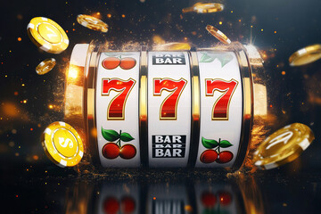 A close-up of a slot machine with three spinning reels showing 7s and cherries. Surrounding gold coins create a vibrant casino atmosphere.