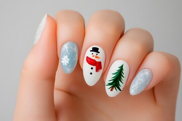 Hand with winter themed nails with snowflake, snowman, and tree art. Studio manicure photography. Christmas and winter holiday concept. Design for banner, greeting, card, invitation, print. Close-up s