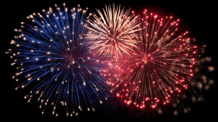Fototapeta premium Bright fireworks burst in shades of blue, red, and gold, illuminating the night sky in a vibrant celebration. The dazzling show creates an exciting atmosphere for spectators below.