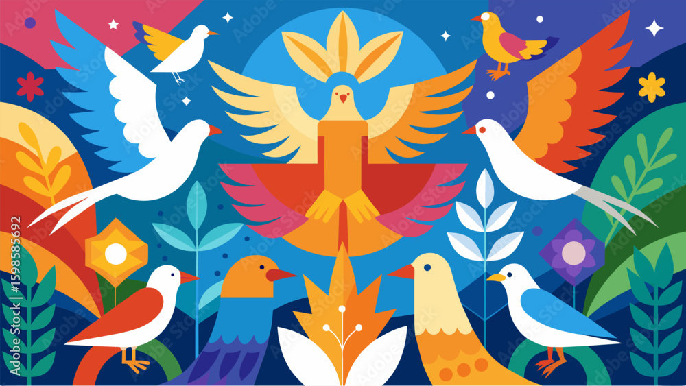 Poster a colorful and dynamic mural showcasing different types of birds symbolizing hope resilience and fre