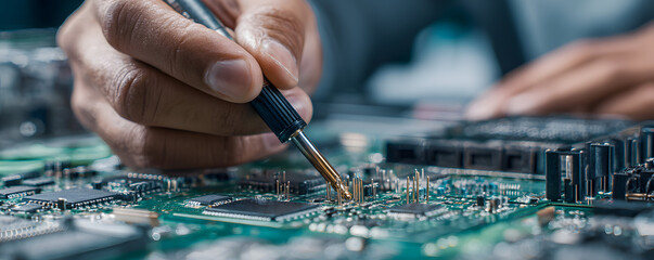 Obraz premium Engineer testing electronic circuit boards with precision tools, electronics quality control, component verification