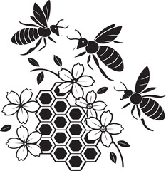 Black and white illustration of bees flowers and a honeycomb on a white background