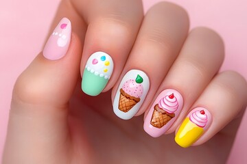 Hand with pastel nails decorated with ice cream and cupcake nail art. Studio manicure photography. Sweet food nail art concept. Design for banner, greeting, card, invitation, print. Close-up shot.


