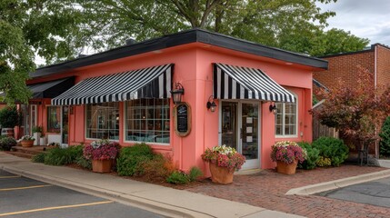 A vibrant pink building showcases striped awnings and colorful flower pots outside. Surrounding greenery adds to the charm of this inviting suburban location on a sunny day.