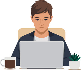 Young businessman in a suit smiling while working on his laptop in the office