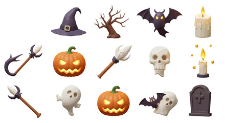 Collection of Halloween-themed 3D rendered objects including pumpkins, bats, candles, skulls, witch hat, and a tombstone