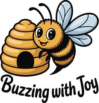 Cheerful cartoon bee with hive and text buzzing with joy for graphic design