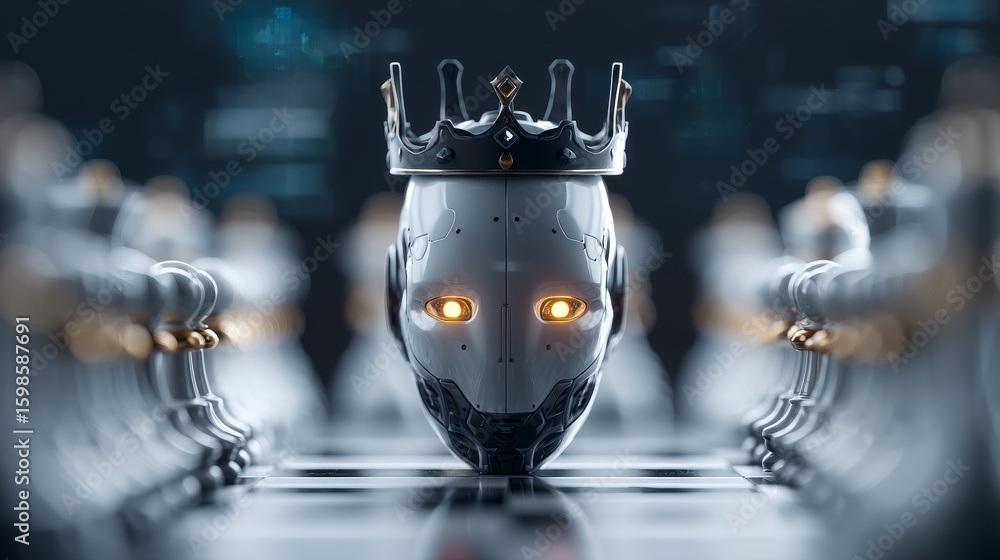 Poster the scene depicts a crowned robot deeply engrossed in a chess game, set in a dark and futuristic env