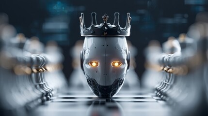 The scene depicts a crowned robot deeply engrossed in a chess game, set in a dark and futuristic environment with glowing circuit-like patterns, as it competes against an adversary that is not