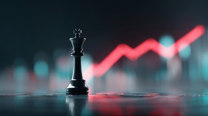 A blue chessboard provides the stage for a focused king chess piece to stand out, accompanied by an ascending red graph, together conveying the principles of strategic planning, leadership acumen,