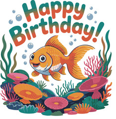 Fototapeta premium Happy birthday celebration with a cartoon goldfish and colorful underwater elements