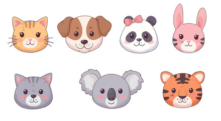 Charming collection of cute animal faces including a cat, dog, panda, rabbit, koala, and tiger with a sweet and friendly expression perfect for children's designs