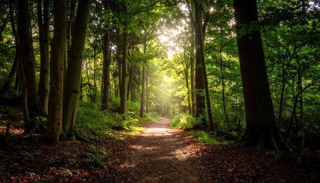 Sunlit path through lush forest