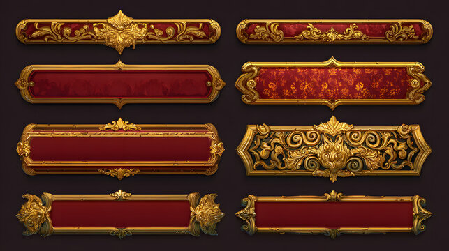 Game ui frames, gold medieval menu elements, buttons or banners with golden ornate rims. Empty royal gui bars for rpg or arcade, glossy borders, web design interface Cartoon 2d vector illustration