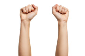 Upward Fists: Two Light-Skinned Arms Raised with Clenched Fists Against a White Backdrop, Suggesting Triumph or a Call to Action