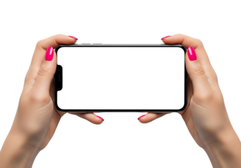 Female hands with pink nails holding a smartphone horizontally with blank screen. Isolated on transparent background, png