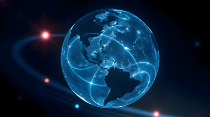 Silhouetted Digital Earth Globe in dark space with glowing lights, backlighting, blurred lines, action poses 