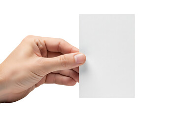 Fototapeta premium Hand holding a blank vertical white business card, ticket, or flyer mockup. Isolated on transparent background, png