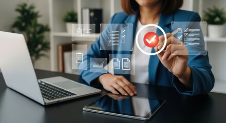 A businesswoman checks off a task on a digital checklist, signifying successful project completion
