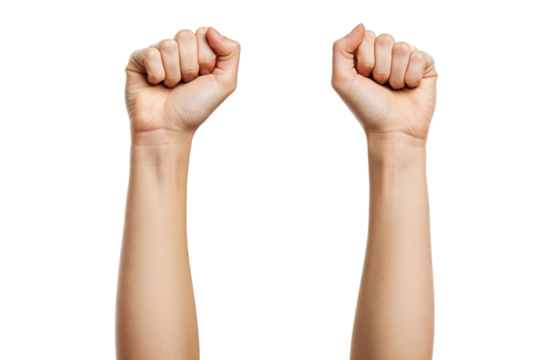 Upward Fists: Two Light-Skinned Arms Raised with Clenched Fists Against a White Backdrop, Suggesting Triumph or a Call to Action
