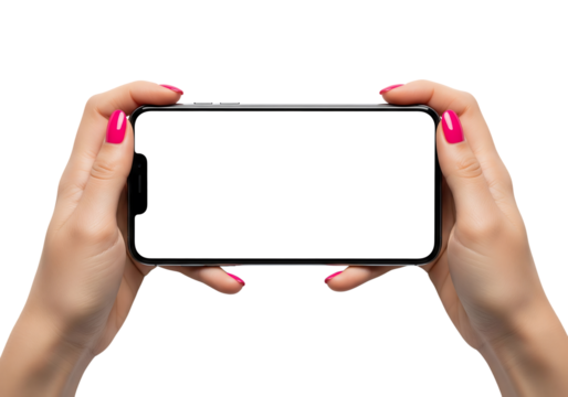 Female hands with pink nails holding a smartphone horizontally with blank screen. Isolated on transparent background, png