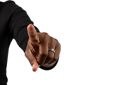 Black hand pointing directly forward with strong gestures, isolated on a clean white background, symbolizing communication, power, and focus on transparent background