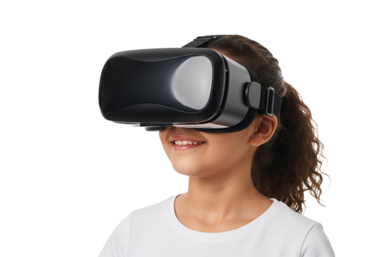 Young girl wearing virtual reality headset, enjoying immersive digital experience with curiosity, innovation, and futuristic interactive technology in modern setting