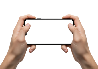 Male hands holding a smartphone horizontally with blank screen for mockup. Isolated on transparent background, png