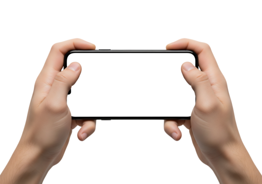 Male hands holding a smartphone horizontally with blank screen for mockup. Isolated on transparent background, png