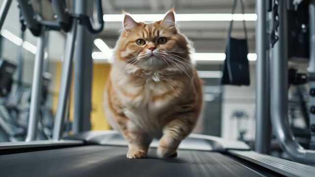 cute adorable cat running on treadmill in gym