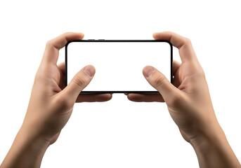 Male hands holding a smartphone horizontally with blank screen for mockup. Isolated on transparent background, png
